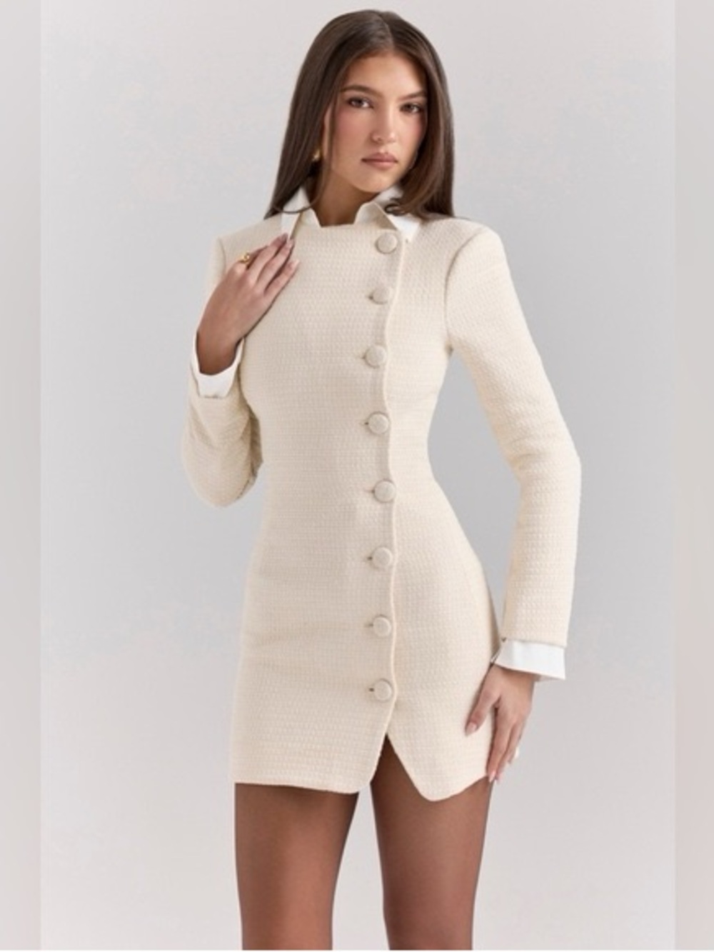 House of CB Cream Textured Button-Down Trench Coat